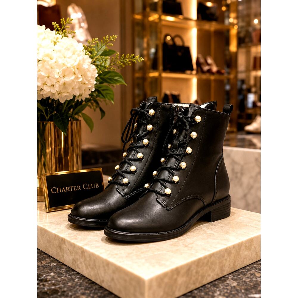 Charter Club Shiloh Combat Booties - Faux Pearls - Black - size 9.5